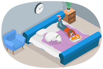 Obraz premium 3D Isometric Flat Conceptual Illustration of Rest With Pets, Comfort and Coziness in House
