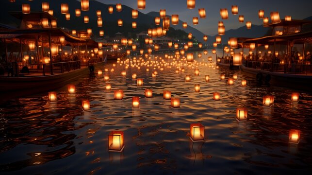 Capture the elegance of a superyacht sailing through a sea of floating lanterns, creating a romantic and enchanting atmosphere.