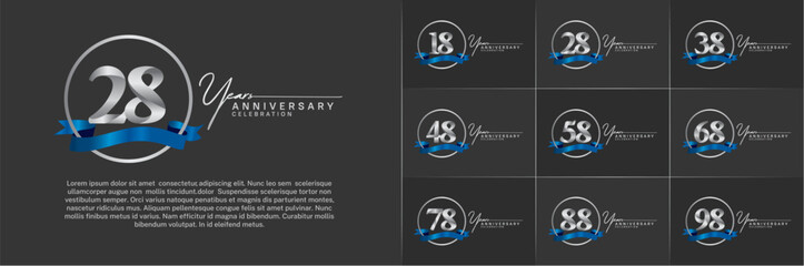 Set of Anniversary Logotype silver color with ring and blue ribbon can be use for special day celebration