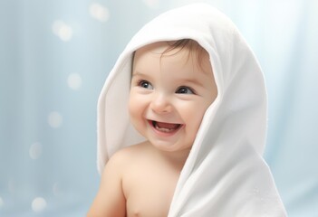 Smiling baby under a white towel.