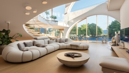 View of aesthetic eco-friendly house. A curved style minimalist sofa covered in fine fabric and a smart TV on the cream walls. Inspiration for environmentally friendly room concepts.