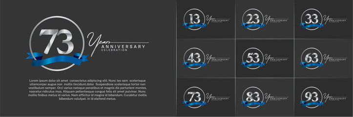 Set of Anniversary Logotype silver color with ring and blue ribbon can be use for special day celebration