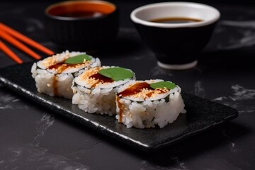 Sushi roll with rice and fish in a soy-based sauce. Generative AI