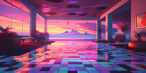 Beautiful artwork of a neon sky setting and a checkered tile floor with a summery purple, pink, and green mood