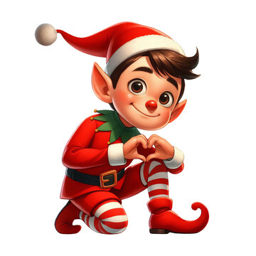 A young Christmas Elf using the I LOVE YOU hand gesture isolated on a transparent background
