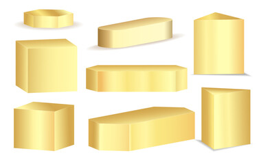 Set of gold geometric podiums for product presentation. Vector illustration.