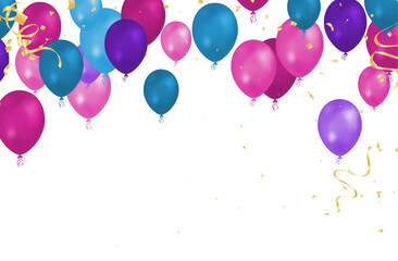 Illustration of balloons with ribbons and confetti on grey background