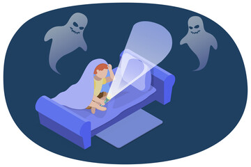 3D Isometric Flat  Conceptual Illustration of Children Nightmares, Night Phobia