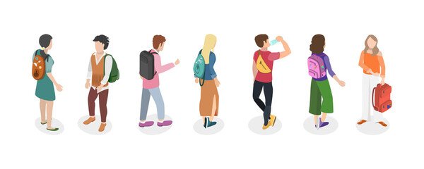 3D Isometric Flat  Conceptual Illustration of People With Backpacks, Set of College Students