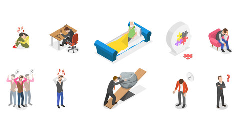 3D Isometric Flat  Conceptual Illustration of PTSD Effects, Posttraumatic Stress Disorder