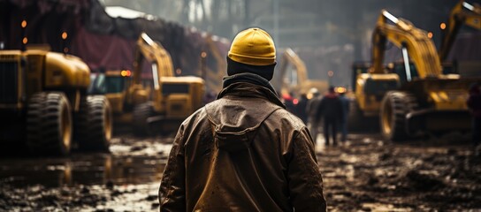 Amidst the chaos of a muddy construction site, a determined blue-collar worker in a bright yellow jacket and helmet stands tall, ready to tackle any task with his trusty power shovel