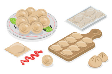 3D Isometric Flat  Set of Meat Gourmet Food, Dumplings or Pierogi or Varenyky