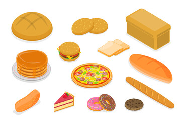 3D Isometric Flat  Set of Various Bread Types, Pastry and Bakery Products