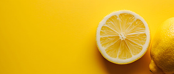 Slice lemon isolated on yellow background, copy space concept, above view.