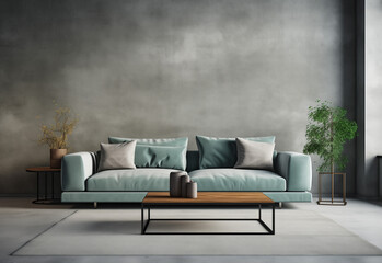 concrete living room with sofa furniture, coffee table, and plants
