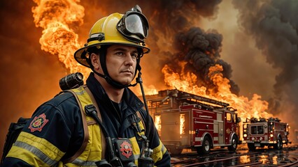 A firefighter in full gear stands in front of a burning house with a fire truck in the background. - obrazy, fototapety, plakaty