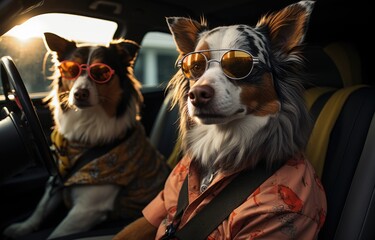 Two cool canines cruise in style, sporting shades and enjoying the ride in their owner's car