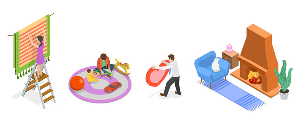 3D Isometric Flat  Conceptual Illustration of Carpets, Different Shapes, Designs and Colors