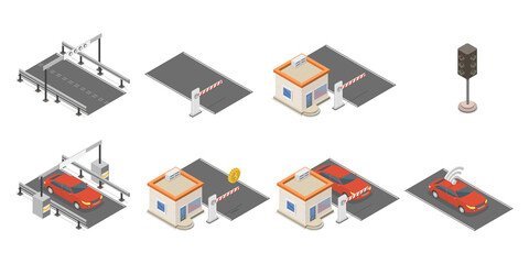 3D Isometric Flat  Conceptual Illustration of Electronic Tolls, Station Gate