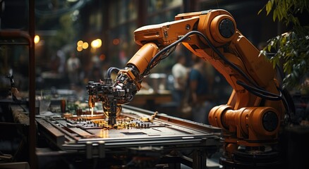 A sleek robotic arm precisely welds a piece of metal on a busy street, blending technology and industry with the outdoor world - obrazy, fototapety, plakaty