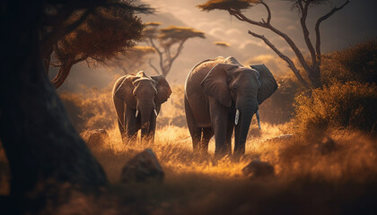 Elephants roam freely in the African savannah, a majestic sight generated by AI