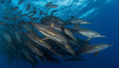 Underwater, blue sea, fish swimming in a majestic reef generated by AI