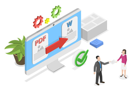 3D Isometric Flat  Conceptual Illustration of PDF To Word Converter , Converting or Exchanging Different File Formats