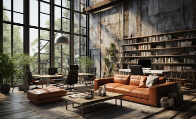 A cozy reading nook in a modern living room, featuring a stylish studio couch, a sleek desk with a bookcase, and a sunlit window overlooking a shelf of books