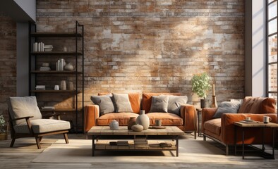 Cozy and modern living room with a brick wall, stylish couches, and elegant furniture, perfect for relaxation and entertaining guests