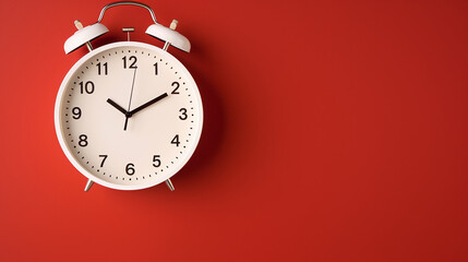 top view of calendar board and clock shadow falling on red background. Copy free space
