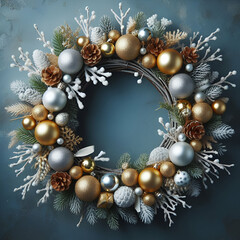 Festive Christmas Celebration Decorative Wreath with Shiny Gold Baubles Ornament Balls, White Berries and Silver Branches, & Botanical Branch Pine Cones on a Blue Background. Floral Gifts Herb Foliage