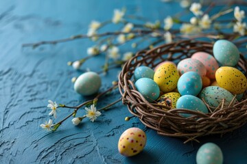 Fototapeta premium Basket with colorful Easter eggs and branches of flowers