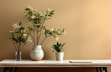 A serene still life of a houseplant sitting in a white flowerpot on a table, with a vase of flowers and an ikebana-inspired floral design adorning the wall behind it