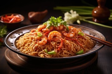 Chinese noodles with shrimp, vegetables, and sauce on plate