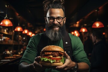 A hungry man indulges in the convenience and comfort of fast food, his bearded face peeking out...