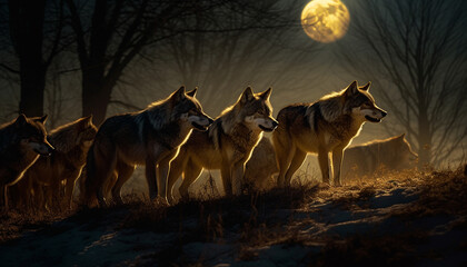 A wolf pack roams through the snowy forest at dusk generated by AI - obrazy, fototapety, plakaty