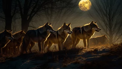 Fotobehang A wolf pack roams through the snowy forest at dusk generated by AI © Jemastock