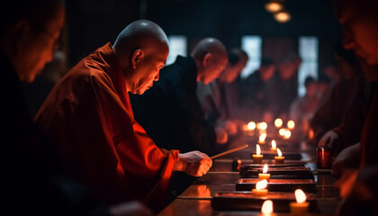 Men and women praying, holding candles, celebrating spirituality indoors generated by AI