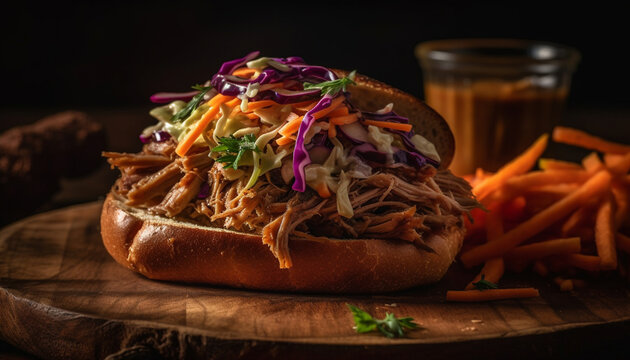 Grilled beef sandwich with coleslaw, fries, and homemade barbecue sauce generated by AI
