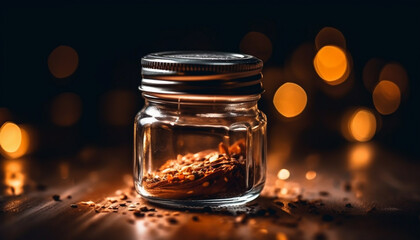 Close up drink on table, wood background, dark jar, night flame generated by AI