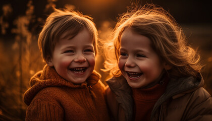Smiling child outdoors, cheerful Caucasian boy and cute girl playing generated by AI