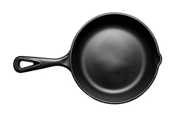 Isolated cast iron frying pan for kitchen cooking, featuring a black skillet with a