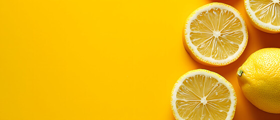 Lemon fruit on yellow background, copy space concept.