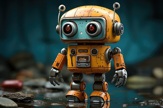 A playful automaton toy robot stands tall on a glistening, watery surface, bringing a touch of whimsy and imagination to the cartoon world