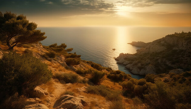 Sunset over the tranquil coastline, a picturesque beauty in nature generated by AI