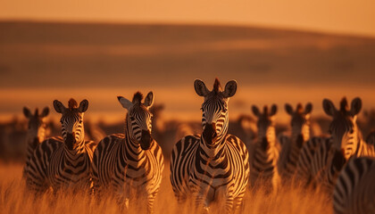 Striped zebra herd grazing in African savannah at sunset generated by AI