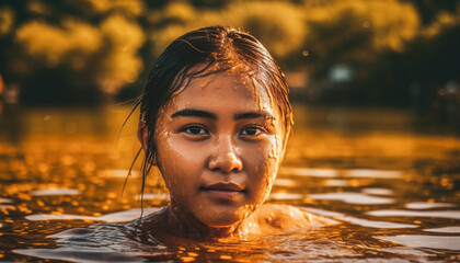 A young woman enjoying the sunset by the swimming pool generated by AI