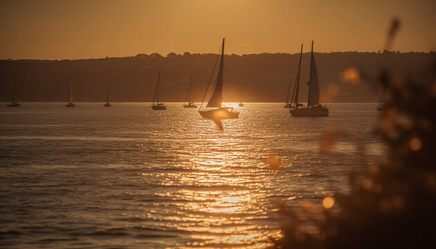 Sailboat glides on tranquil waters, sunset paints a golden dusk generated by AI