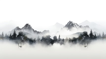 Fototapeta na wymiar chinese ink painting of mountains with fog, ai