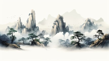 Fototapeta na wymiar chinese ink painting of mountains with fog, ai